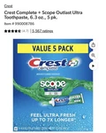 Crest Complete + Scope Outlast Ultra Toothpaste (6.3 Oz., 5 Pk.) Free Shipping. Fixed Price $23.99.