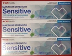 3 Pack Maximum Strength Sensitive Fluoride Toothpastes /mint + 4 Toothbrushes. Fixed Price $8.99.