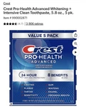 Crest Pro-health Toothpaste, Advanced White For Teeth Whitening (5.8 Oz., 5 Pk.). Fixed Price $29.99.