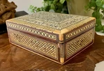 Antique Egyptian Ultra Micro Mosaic Mother Of Pearl Inlay Wooden Rectangle Box. Fixed Price $26.00.
