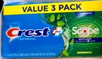 Crest + Scope Outlast Whitening Fluoride Toothpaste 5.4 Oz 3-tubes Exp 7-2027. Fixed Price $10.39.