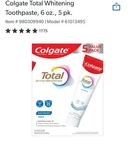 Colgate Toothpaste Total Whitening Paste 5 Pack 6 Oz Tubes. Fixed Price $20.99.